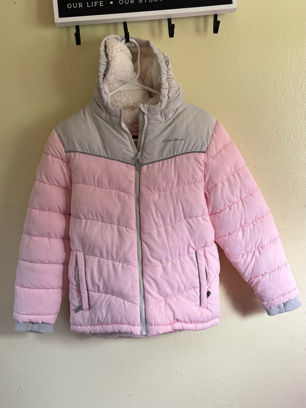 Eddie Bauer Pink and Light Gray Quilted Sherpa-Lined Puffer Jacket